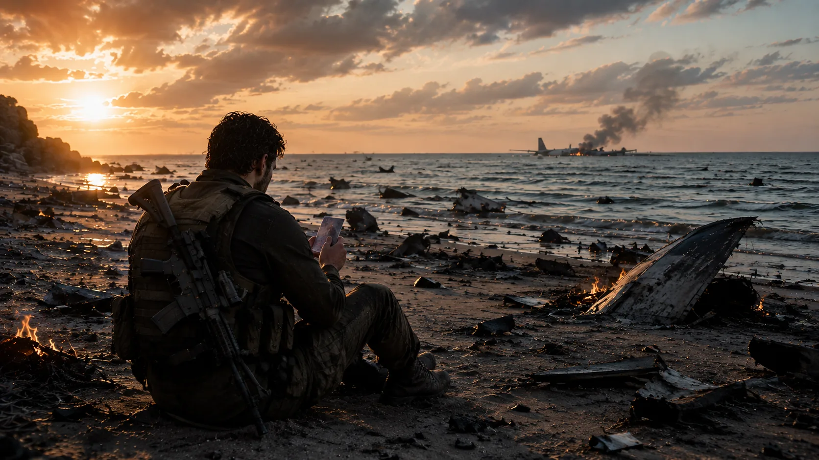 A survivor sits on a wreckage-strewn shoreline at sunset after a plane crash.
